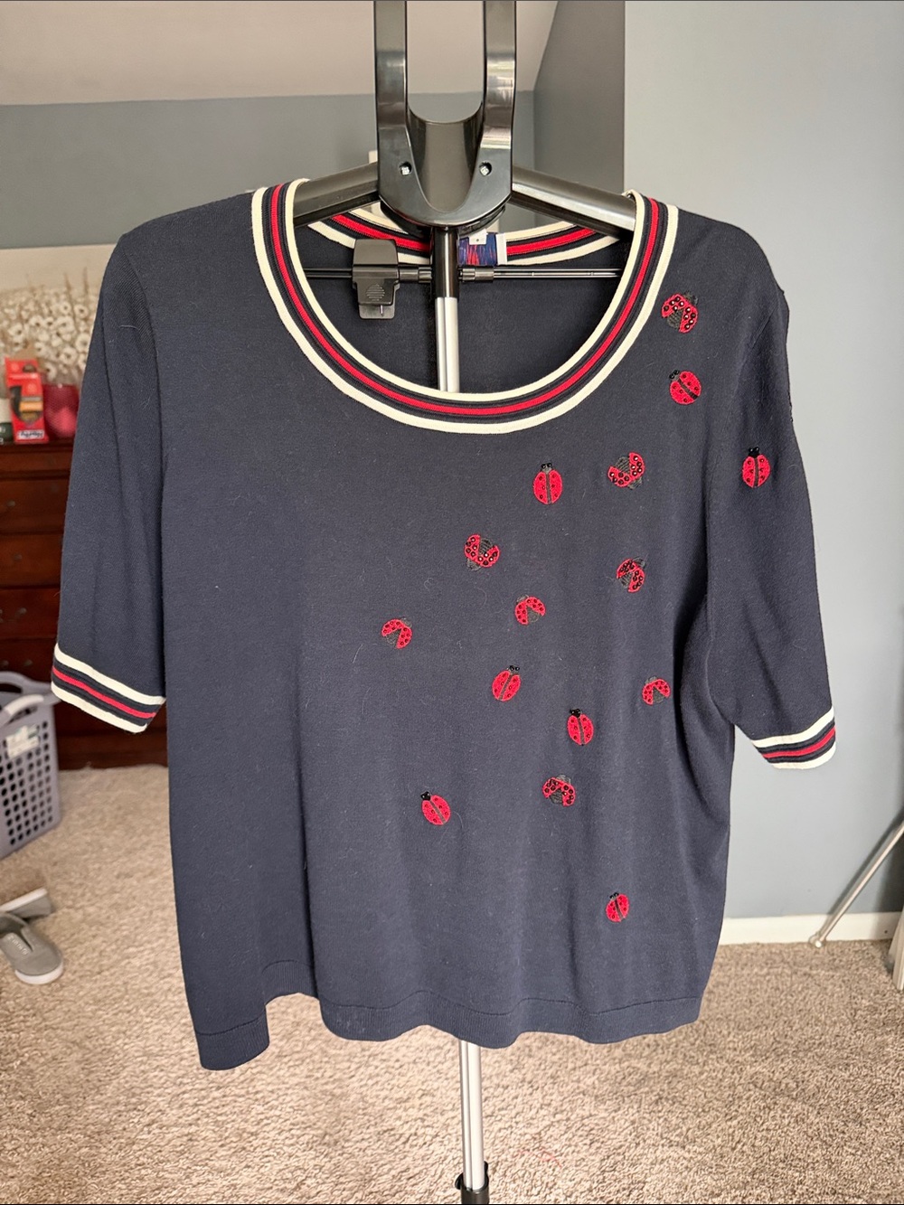 Talbots Navy Sweater with Cream and Red Trim, Ladybugs
